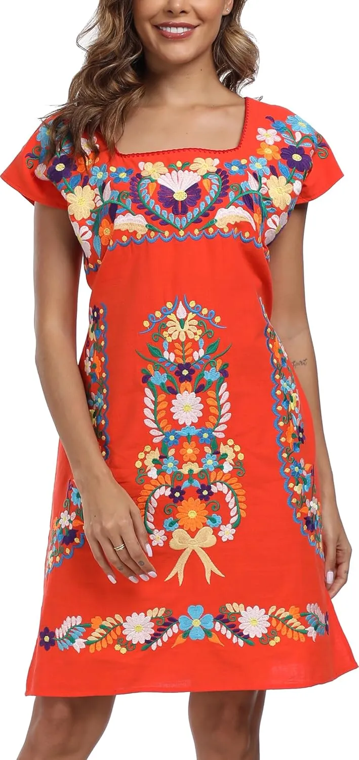 YZXDORWJ Women Mexican Embroidered Dress Ruffle Collar Sleeveless