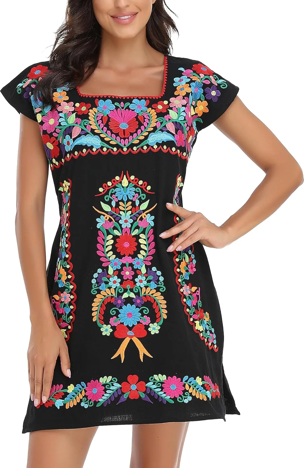 YZXDORWJ Women Mexican Embroidered Dress Ruffle Collar Sleeveless