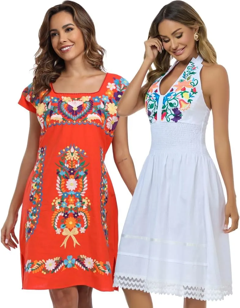 YZXDORWJ Women Mexican Embroidered Dress Ruffle Collar Sleeveless