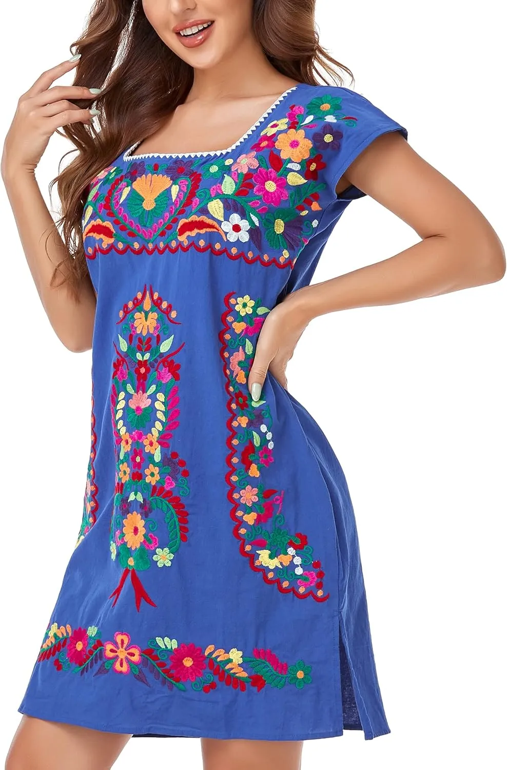 YZXDORWJ Women Mexican Embroidered Dress Ruffle Collar Sleeveless