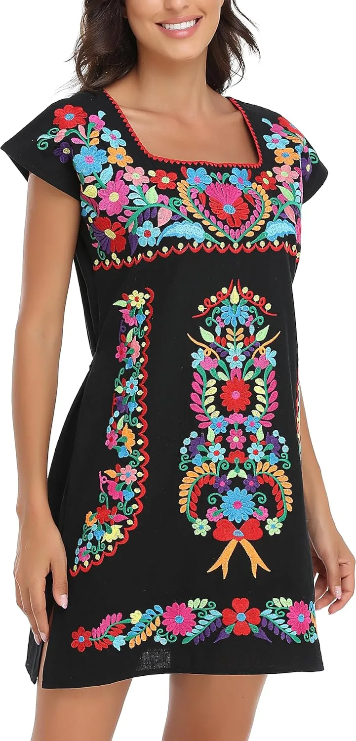YZXDORWJ Women Mexican Embroidered Dress Ruffle Collar Sleeveless
