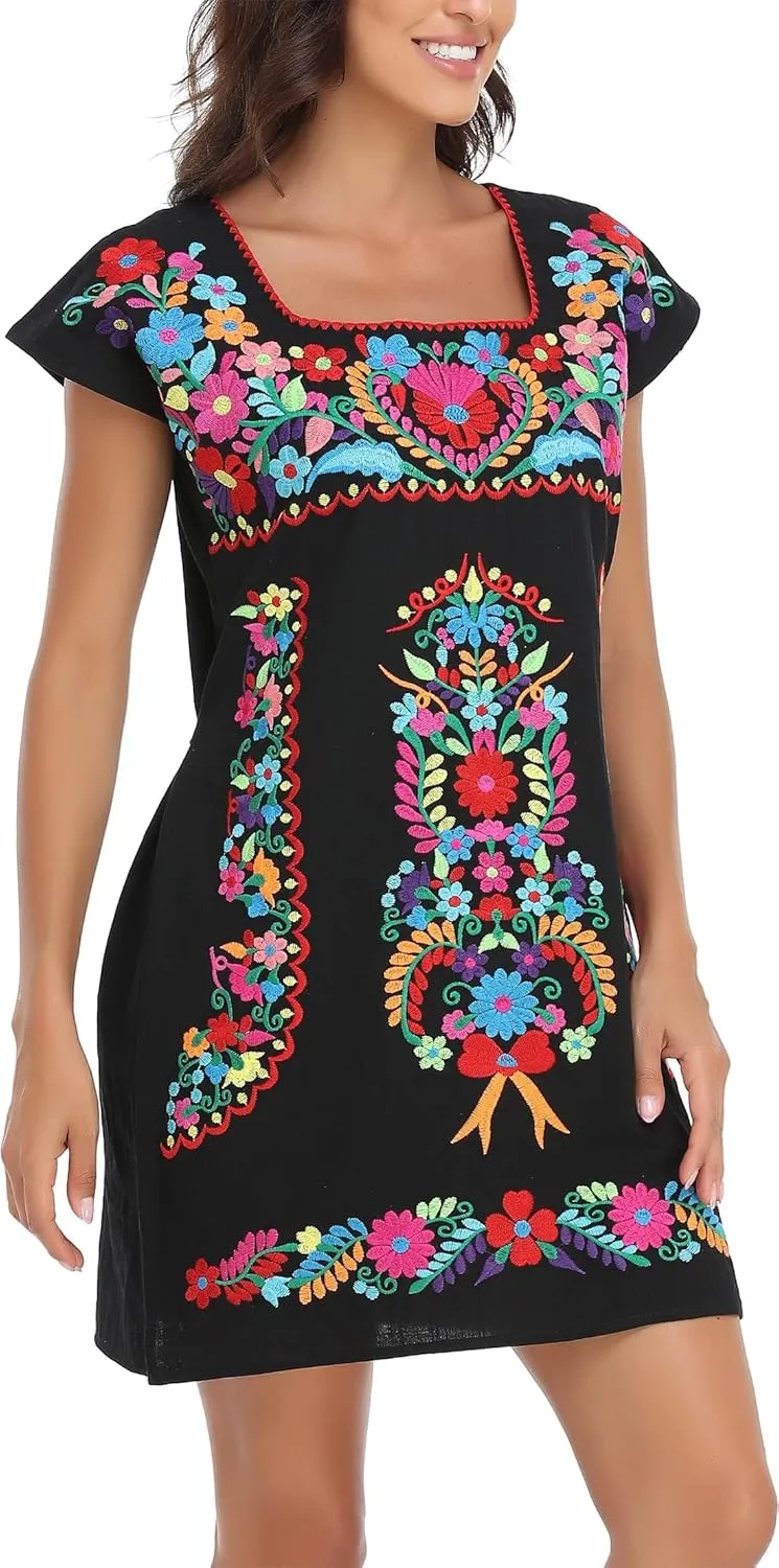 YZXDORWJ Women Mexican Embroidered Dress Ruffle Collar Sleeveless