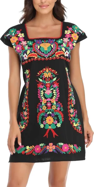 YZXDORWJ Women Mexican Embroidered Dress Ruffle Collar Sleeveless