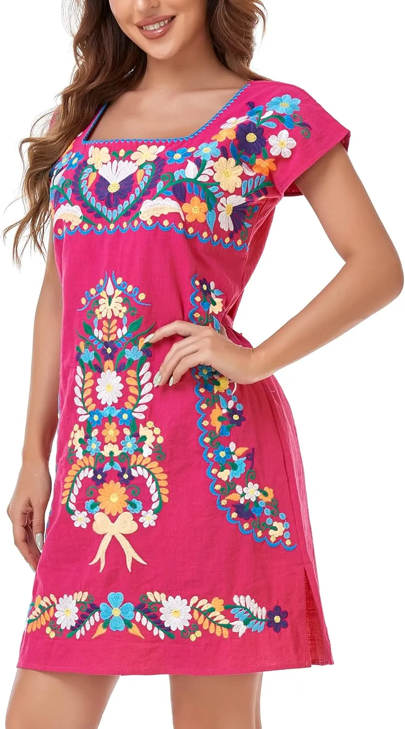 YZXDORWJ Women Mexican Embroidered Dress Ruffle Collar Sleeveless