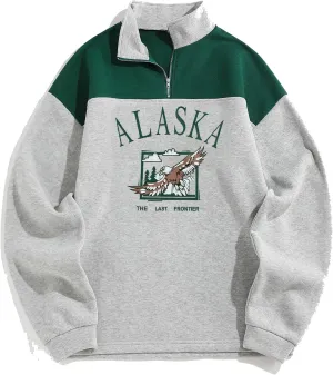 ZAFUL Men's Letters Embroidered Raglan Sleeve Quarter Zip Fleece Vintage Pullover Sweatshirt