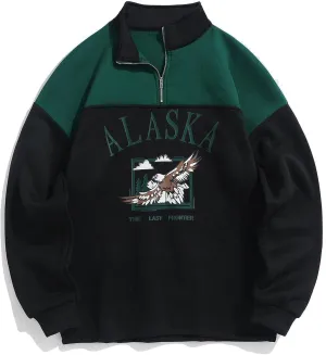 ZAFUL Men's Letters Embroidered Raglan Sleeve Quarter Zip Fleece Vintage Pullover Sweatshirt
