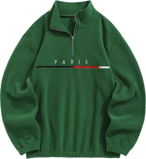 ZAFUL Men's Letters Embroidered Raglan Sleeve Quarter Zip Fleece Vintage Pullover Sweatshirt
