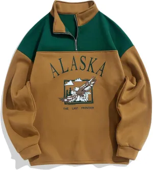 ZAFUL Men's Letters Embroidered Raglan Sleeve Quarter Zip Fleece Vintage Pullover Sweatshirt