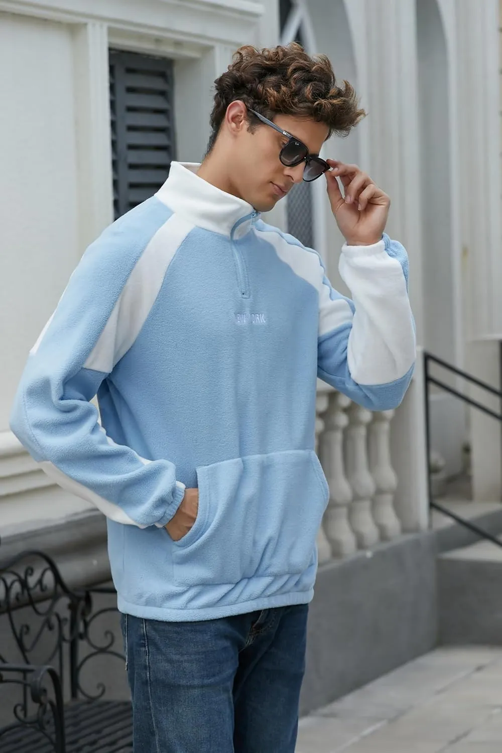 ZAFUL Men's Polar Fleece Sweatshirt Letter NEW YORK Embroidered Quarter Zip Kangaroo Pocket Color Block Stand Collar Pullover