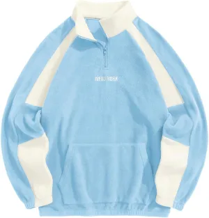 ZAFUL Men's Polar Fleece Sweatshirt Letter NEW YORK Embroidered Quarter Zip Kangaroo Pocket Color Block Stand Collar Pullover