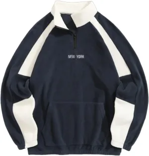 ZAFUL Men's Polar Fleece Sweatshirt Letter NEW YORK Embroidered Quarter Zip Kangaroo Pocket Color Block Stand Collar Pullover