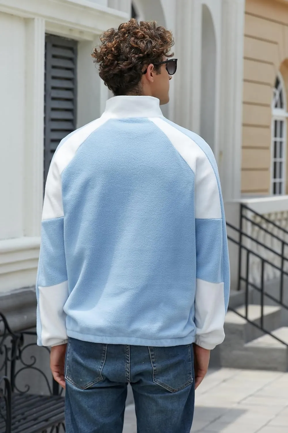 ZAFUL Men's Polar Fleece Sweatshirt Letter NEW YORK Embroidered Quarter Zip Kangaroo Pocket Color Block Stand Collar Pullover