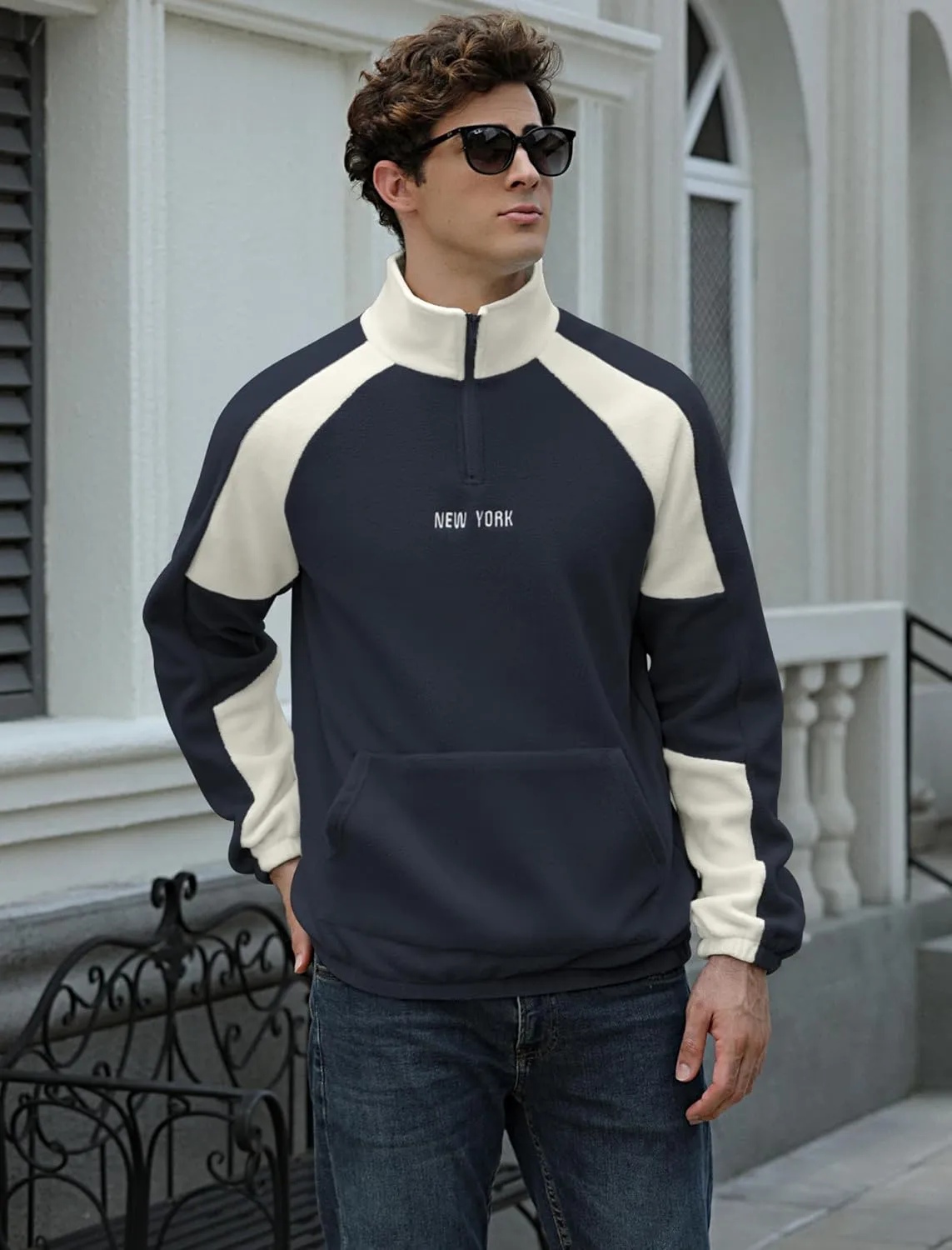 ZAFUL Men's Polar Fleece Sweatshirt Letter NEW YORK Embroidered Quarter Zip Kangaroo Pocket Color Block Stand Collar Pullover