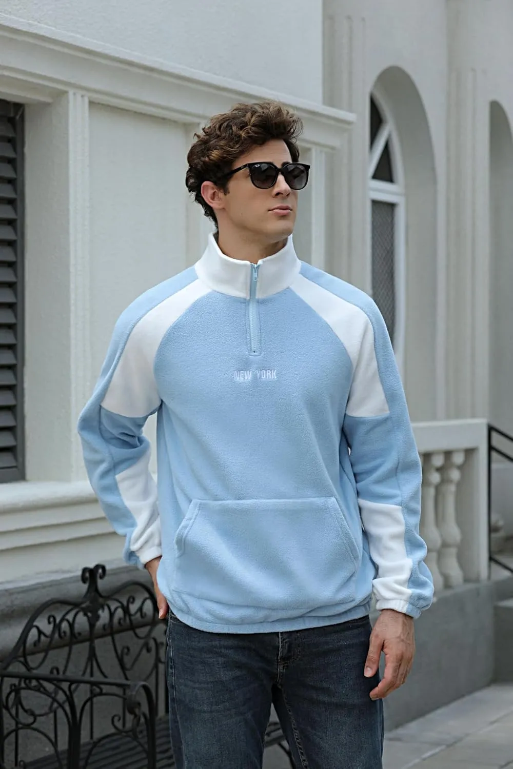 ZAFUL Men's Polar Fleece Sweatshirt Letter NEW YORK Embroidered Quarter Zip Kangaroo Pocket Color Block Stand Collar Pullover