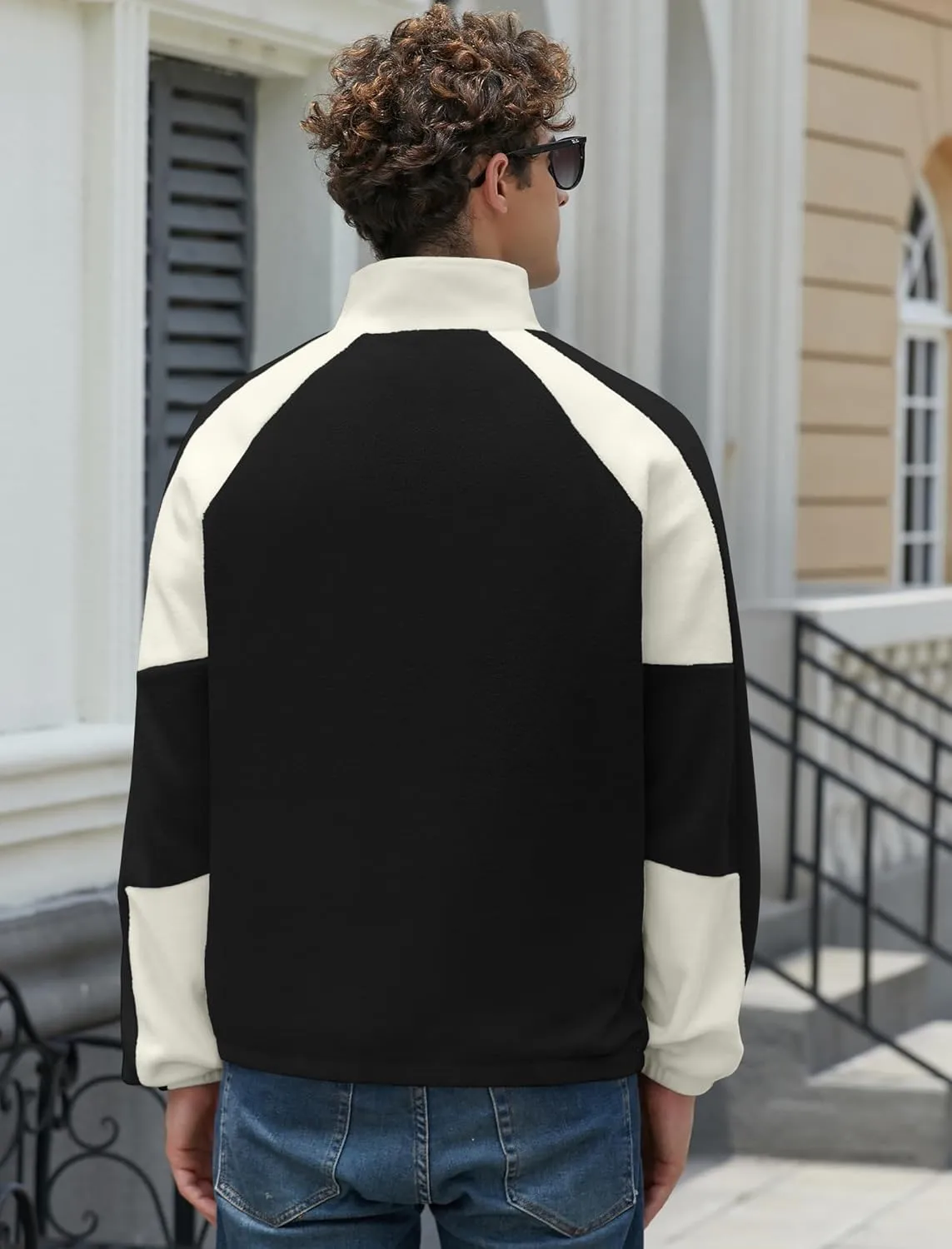 ZAFUL Men's Polar Fleece Sweatshirt Letter NEW YORK Embroidered Quarter Zip Kangaroo Pocket Color Block Stand Collar Pullover