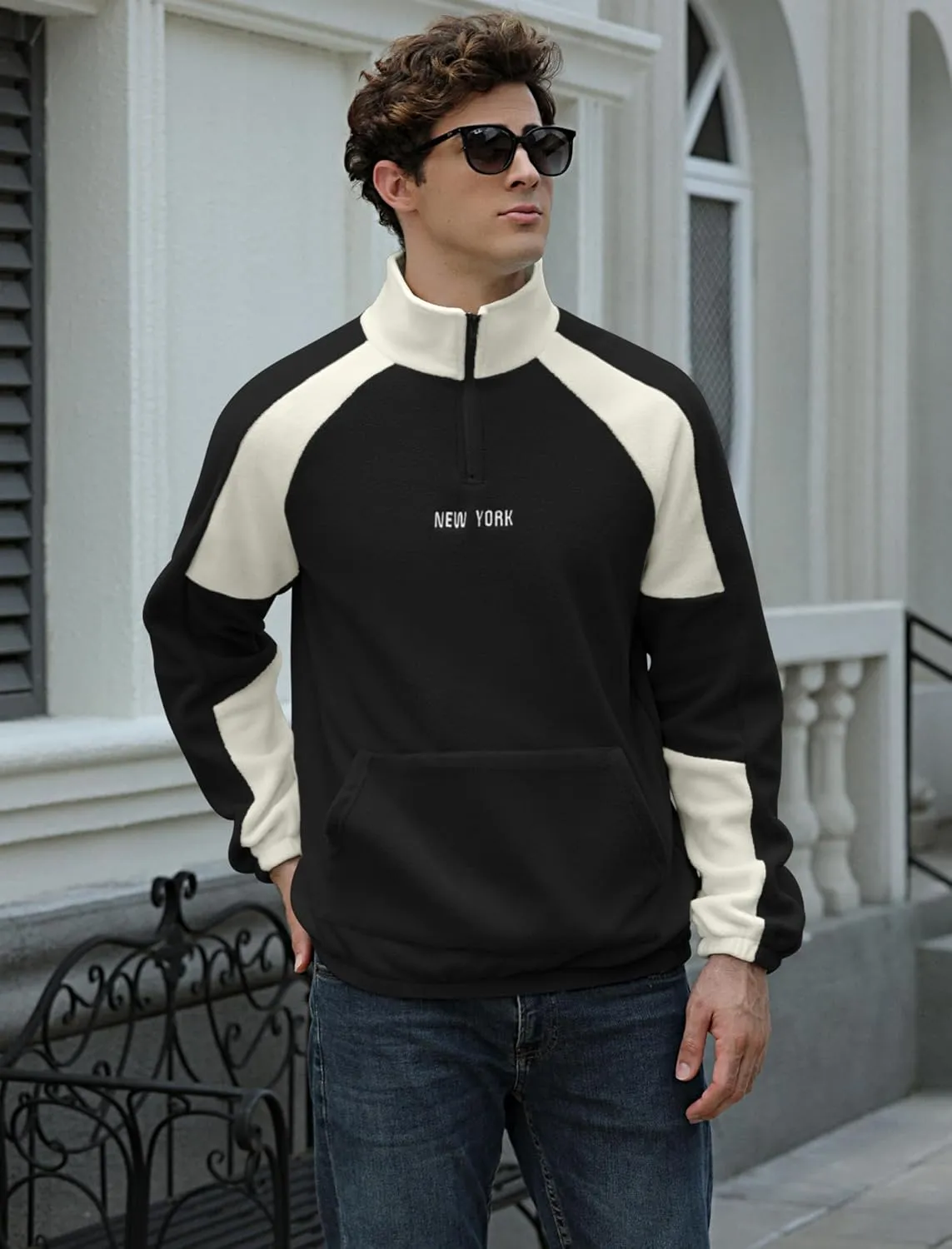 ZAFUL Men's Polar Fleece Sweatshirt Letter NEW YORK Embroidered Quarter Zip Kangaroo Pocket Color Block Stand Collar Pullover