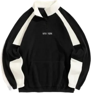ZAFUL Men's Polar Fleece Sweatshirt Letter NEW YORK Embroidered Quarter Zip Kangaroo Pocket Color Block Stand Collar Pullover