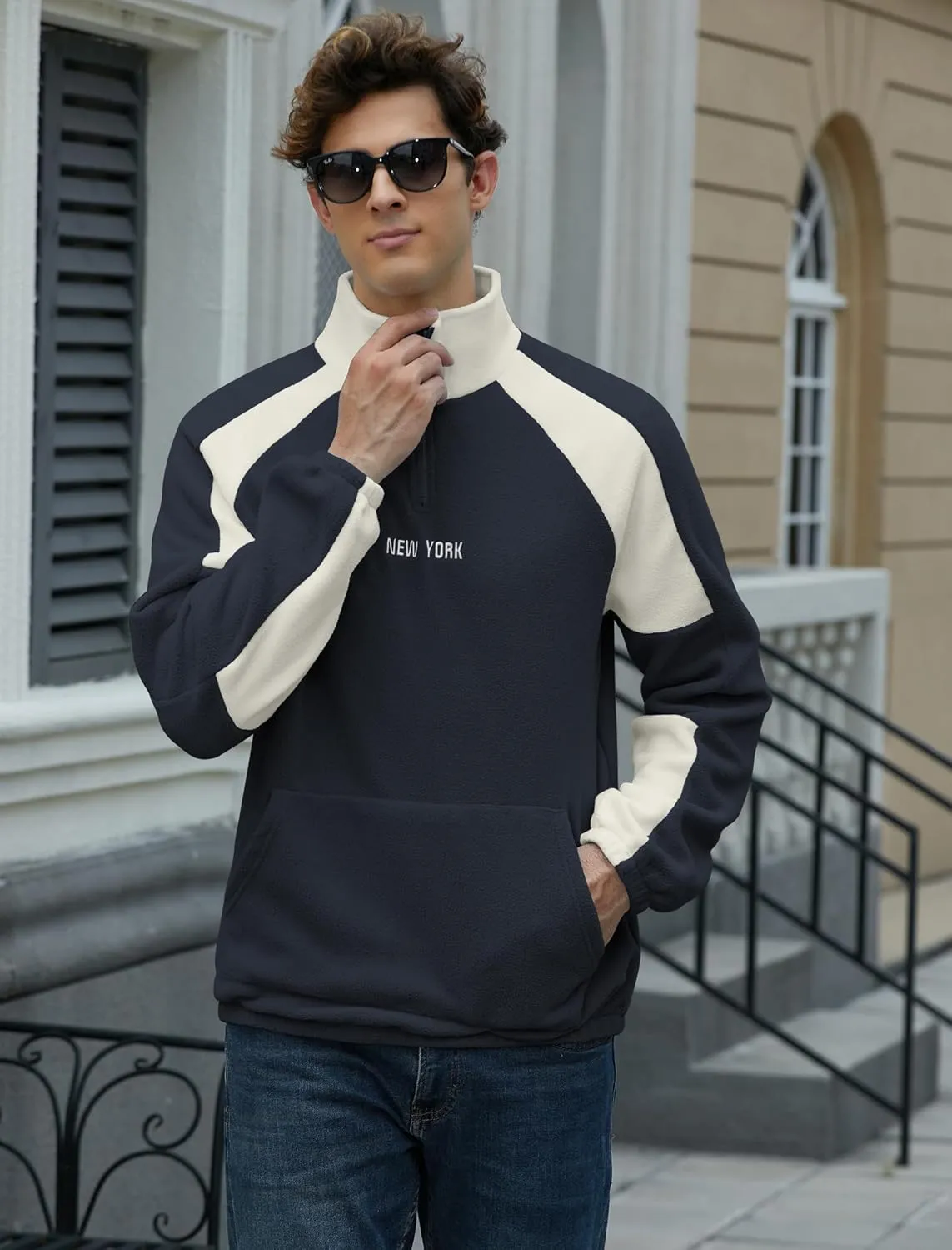 ZAFUL Men's Polar Fleece Sweatshirt Letter NEW YORK Embroidered Quarter Zip Kangaroo Pocket Color Block Stand Collar Pullover