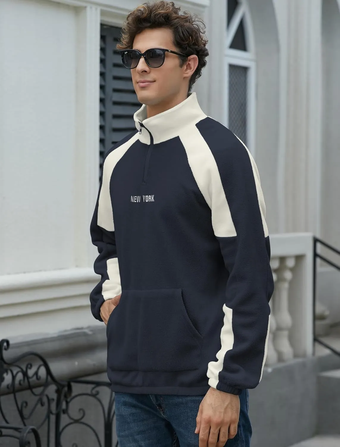 ZAFUL Men's Polar Fleece Sweatshirt Letter NEW YORK Embroidered Quarter Zip Kangaroo Pocket Color Block Stand Collar Pullover