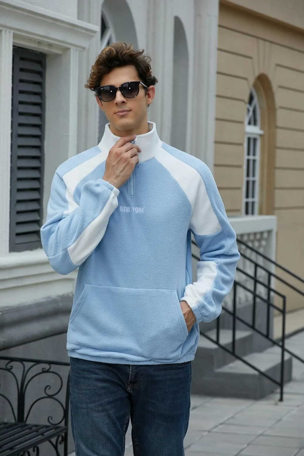 ZAFUL Men's Polar Fleece Sweatshirt Letter NEW YORK Embroidered Quarter Zip Kangaroo Pocket Color Block Stand Collar Pullover