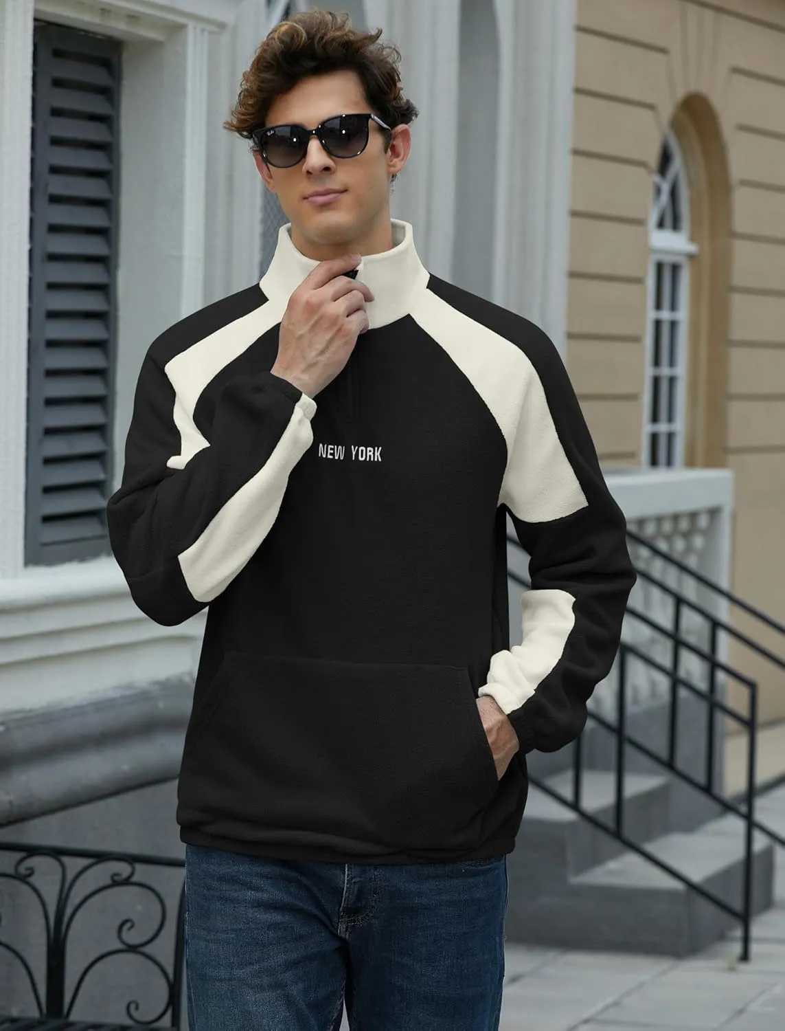 ZAFUL Men's Polar Fleece Sweatshirt Letter NEW YORK Embroidered Quarter Zip Kangaroo Pocket Color Block Stand Collar Pullover