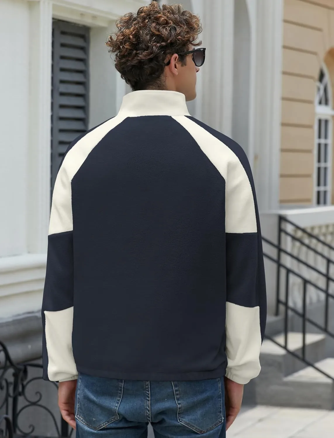 ZAFUL Men's Polar Fleece Sweatshirt Letter NEW YORK Embroidered Quarter Zip Kangaroo Pocket Color Block Stand Collar Pullover