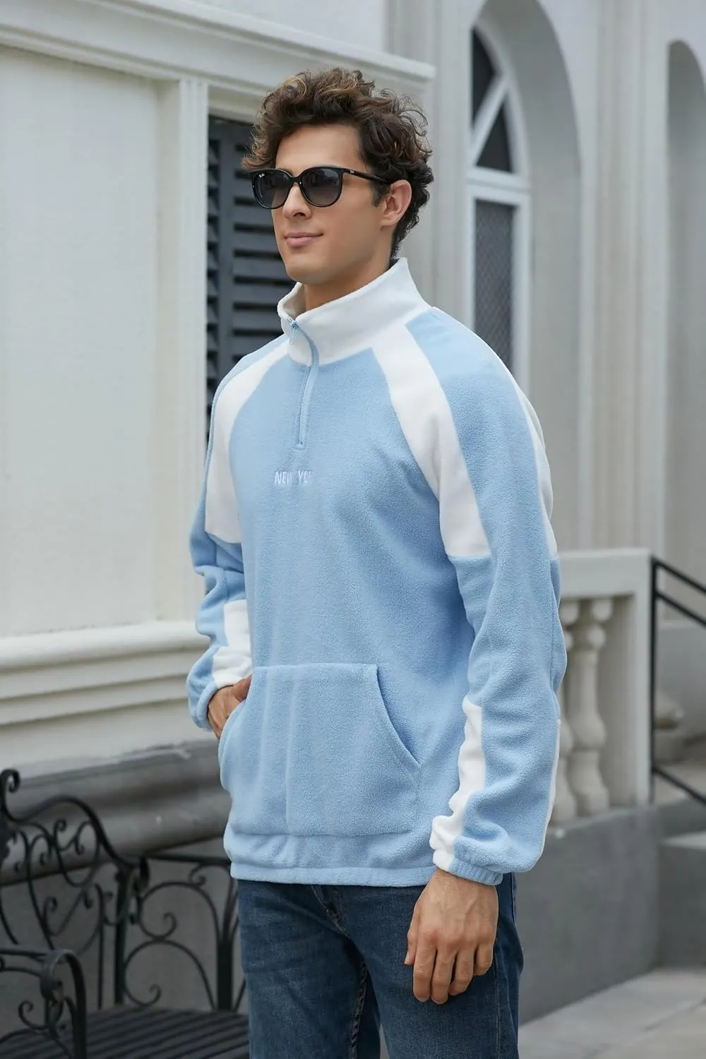 ZAFUL Men's Polar Fleece Sweatshirt Letter NEW YORK Embroidered Quarter Zip Kangaroo Pocket Color Block Stand Collar Pullover
