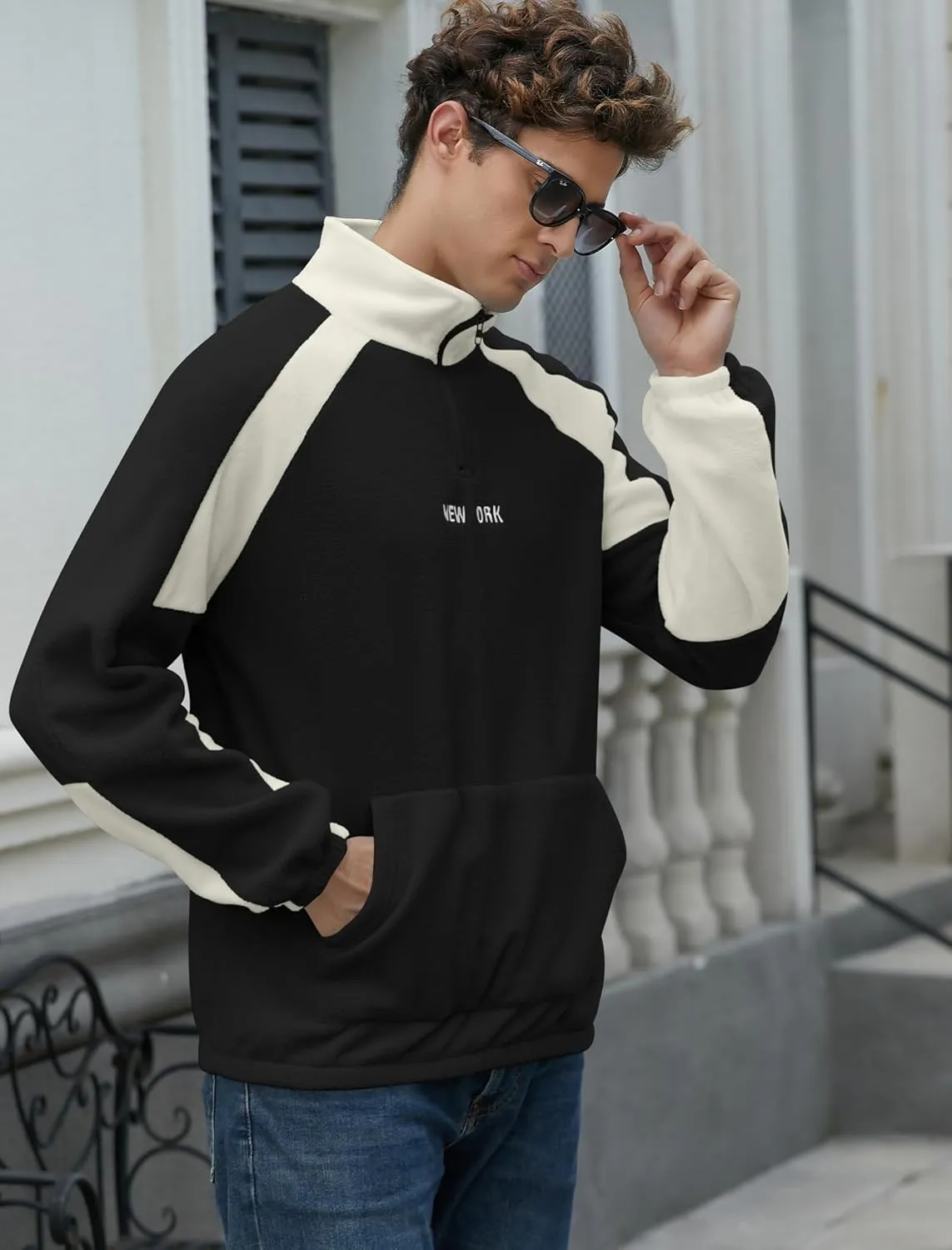 ZAFUL Men's Polar Fleece Sweatshirt Letter NEW YORK Embroidered Quarter Zip Kangaroo Pocket Color Block Stand Collar Pullover