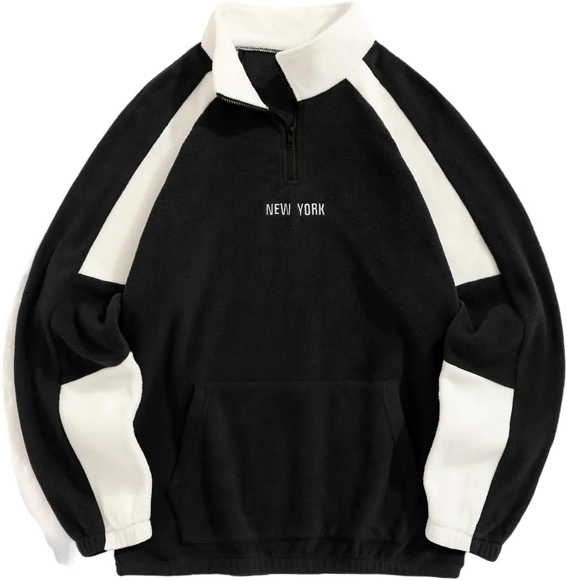 ZAFUL Men's Polar Fleece Sweatshirt Letter NEW YORK Embroidered Quarter Zip Kangaroo Pocket Color Block Stand Collar Pullover