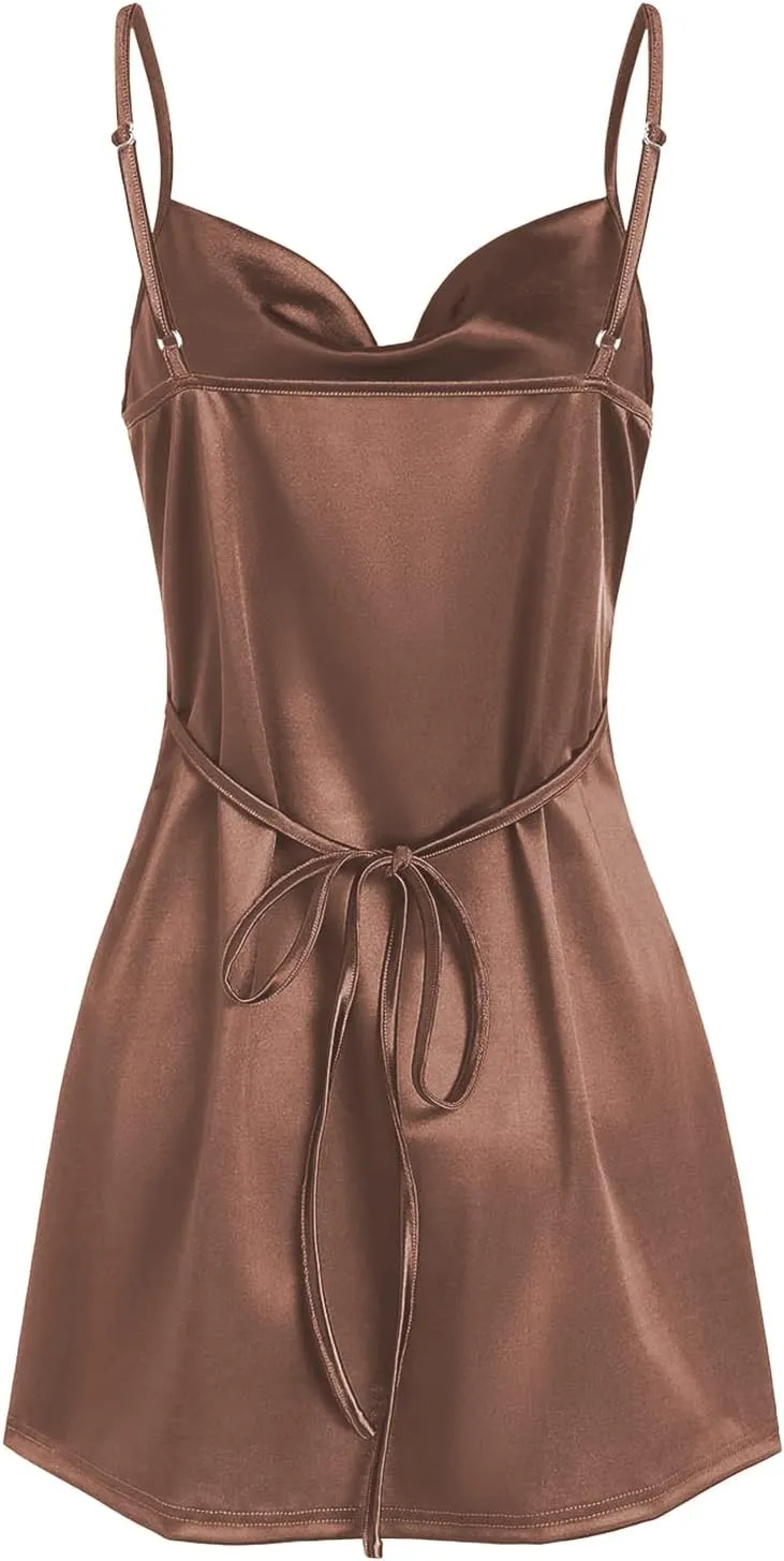 ZAFUL Women's Satin Sleeveless Spaghetti Strap Mini Dress Sexy Slip Cowl Neck Silky Cocktail Party Dresses