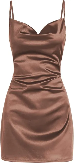ZAFUL Women's Satin Sleeveless Spaghetti Strap Mini Dress Sexy Slip Cowl Neck Silky Cocktail Party Dresses