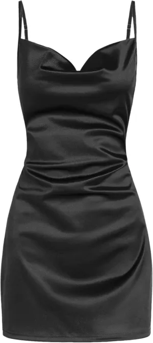 ZAFUL Women's Satin Sleeveless Spaghetti Strap Mini Dress Sexy Slip Cowl Neck Silky Cocktail Party Dresses