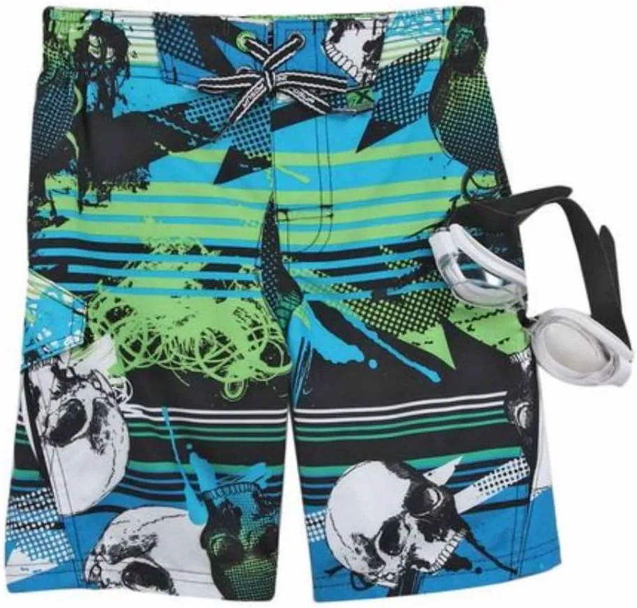 ZeroXposur Boys Blue & Green Skull Swim Trunks Board Shorts & Goggles Set