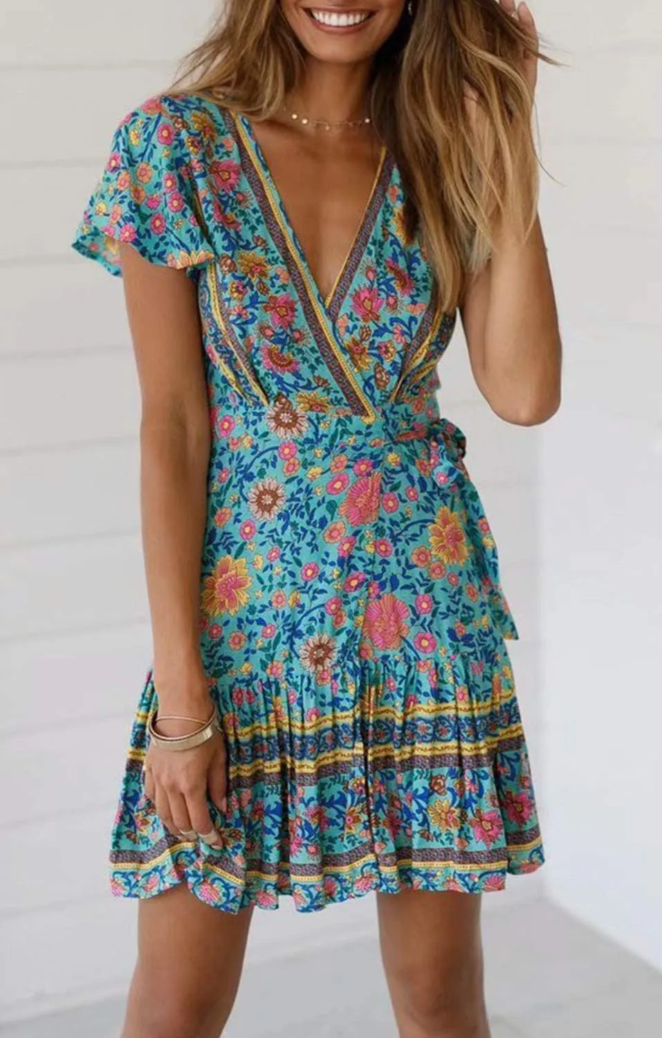 ZESICA Women's Summer Wrap V Neck Bohemian Floral Print Ruffle Swing A Line Beach Mini Dress