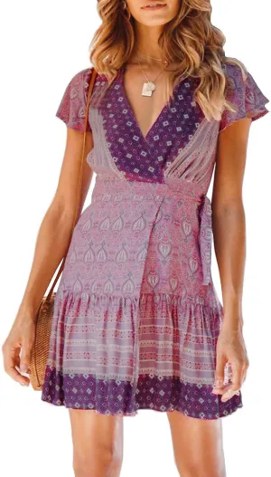 ZESICA Women's Summer Wrap V Neck Bohemian Floral Print Ruffle Swing A Line Beach Mini Dress