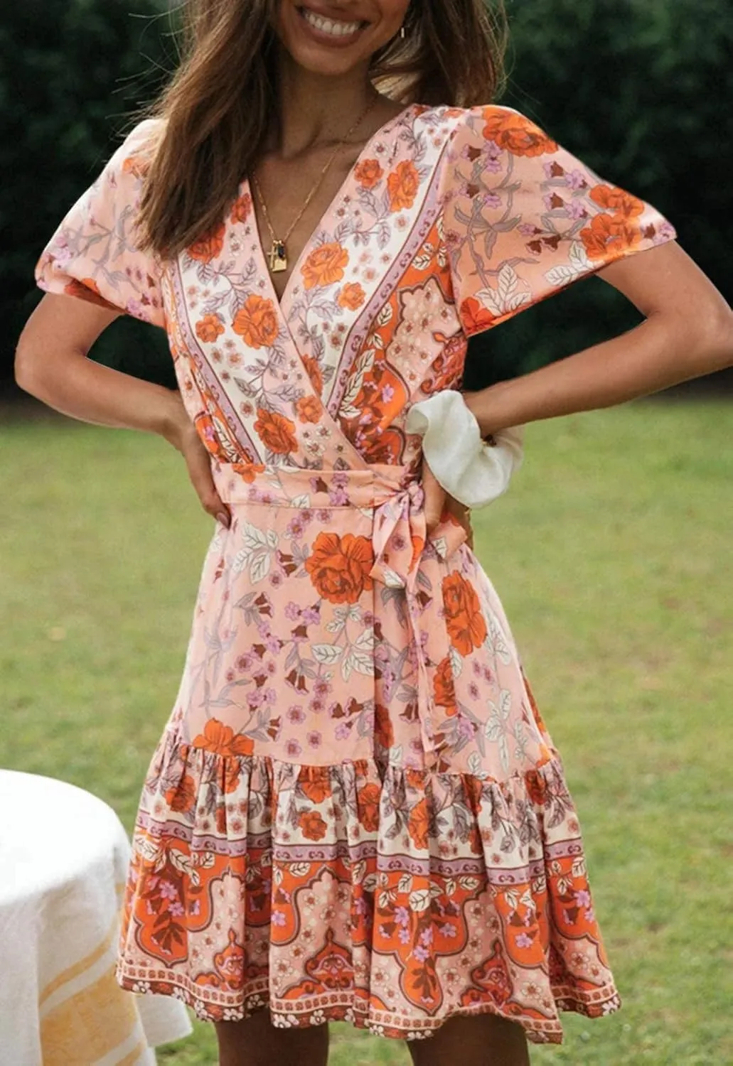 ZESICA Women's Summer Wrap V Neck Bohemian Floral Print Ruffle Swing A Line Beach Mini Dress