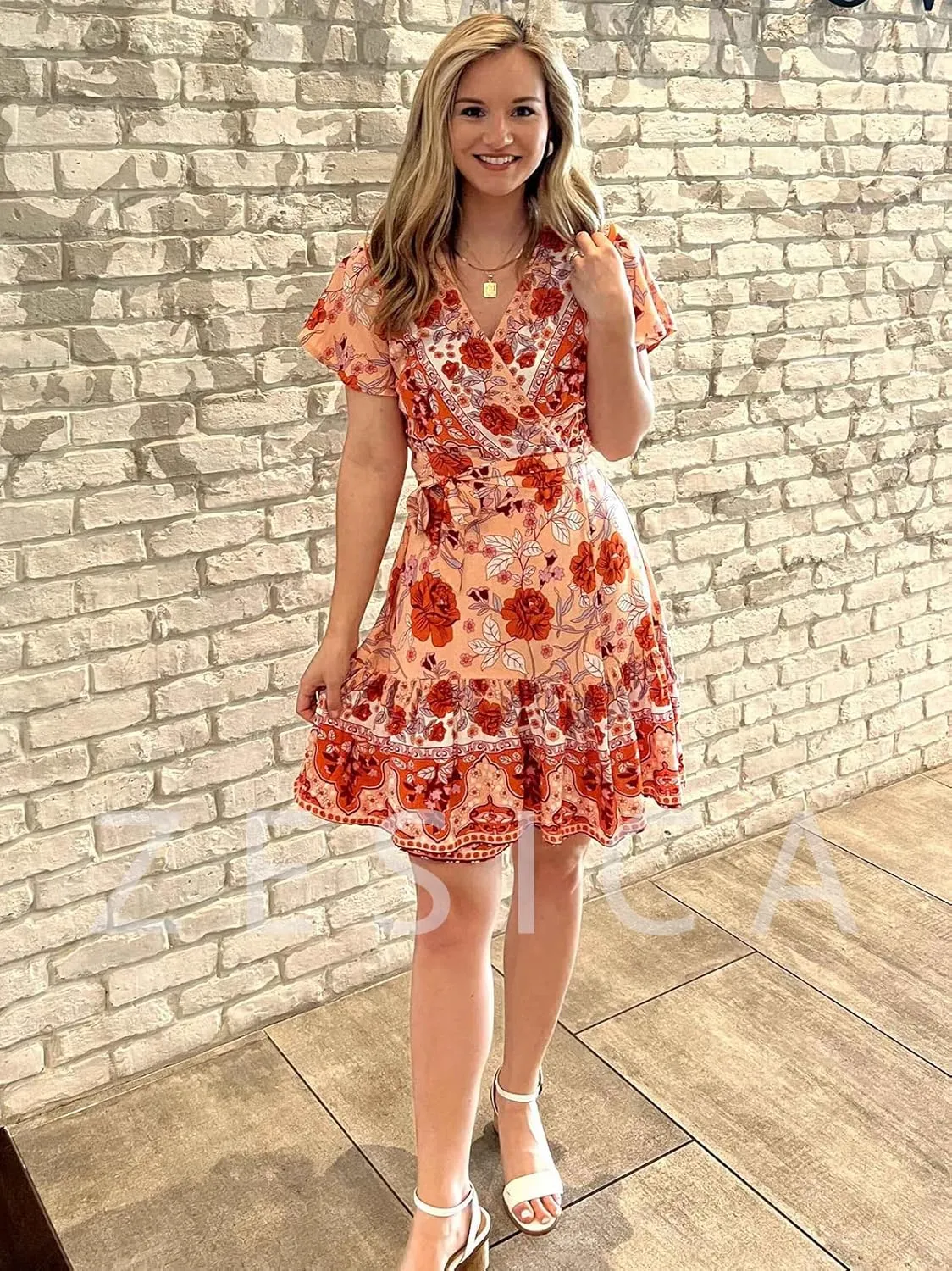 ZESICA Women's Summer Wrap V Neck Bohemian Floral Print Ruffle Swing A Line Beach Mini Dress