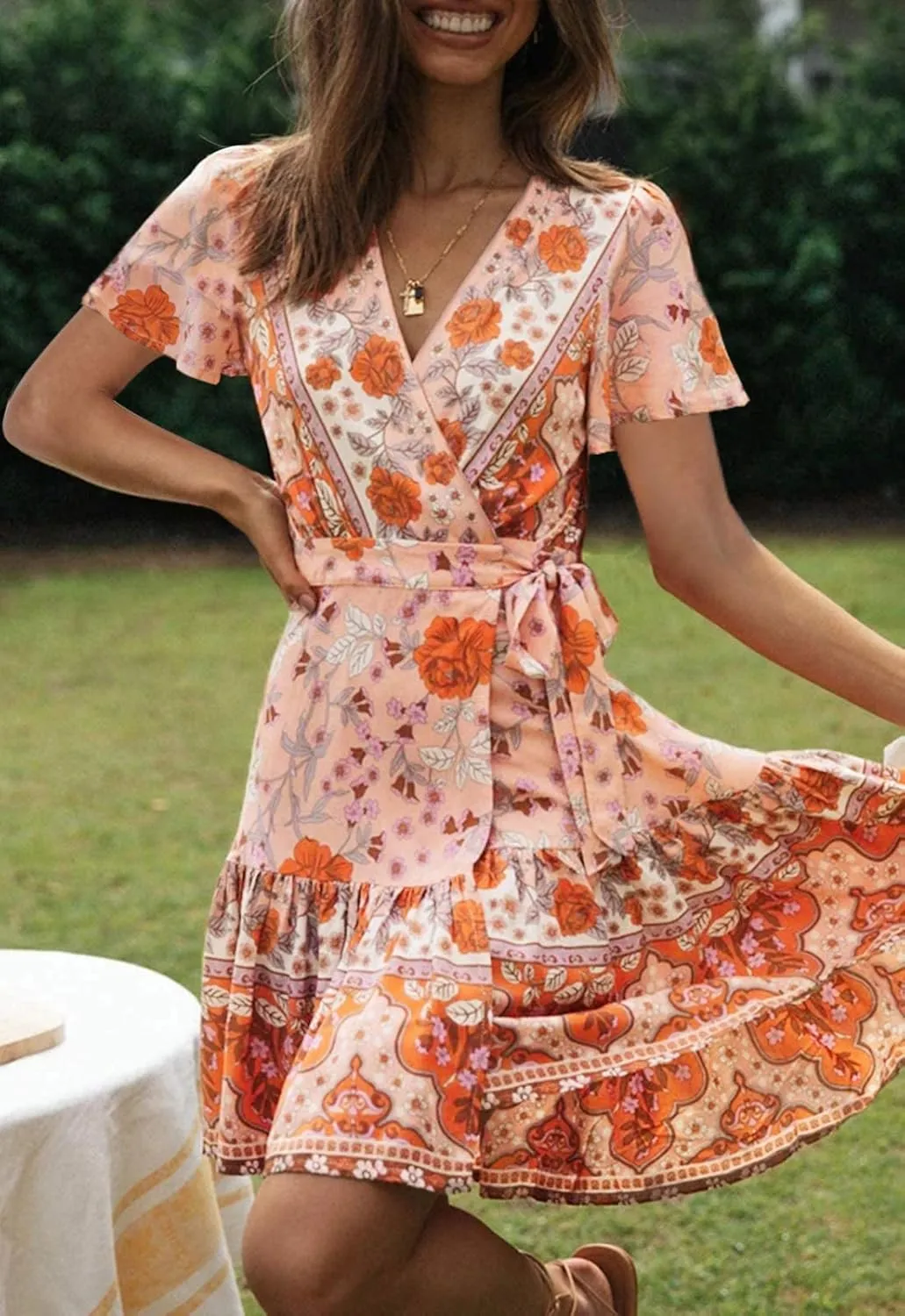 ZESICA Women's Summer Wrap V Neck Bohemian Floral Print Ruffle Swing A Line Beach Mini Dress