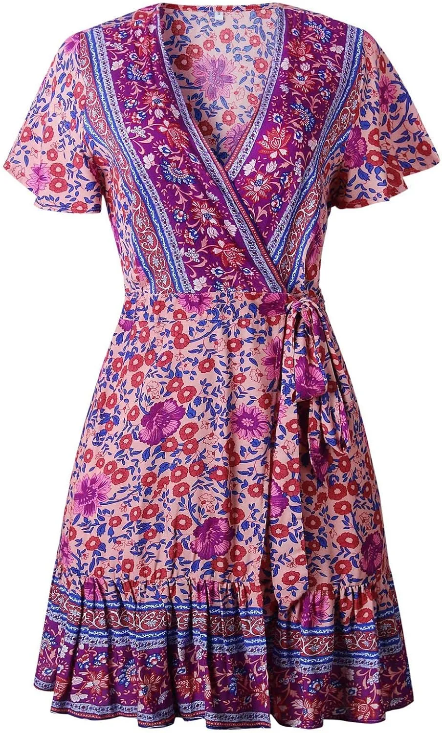 ZESICA Women's Summer Wrap V Neck Bohemian Floral Print Ruffle Swing A Line Beach Mini Dress