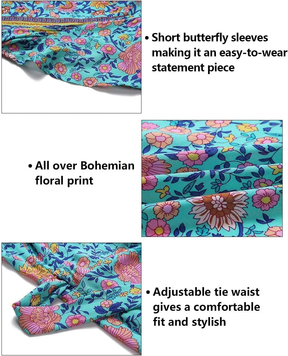 ZESICA Women's Summer Wrap V Neck Bohemian Floral Print Ruffle Swing A Line Beach Mini Dress