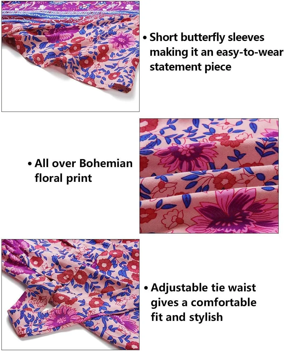 ZESICA Women's Summer Wrap V Neck Bohemian Floral Print Ruffle Swing A Line Beach Mini Dress