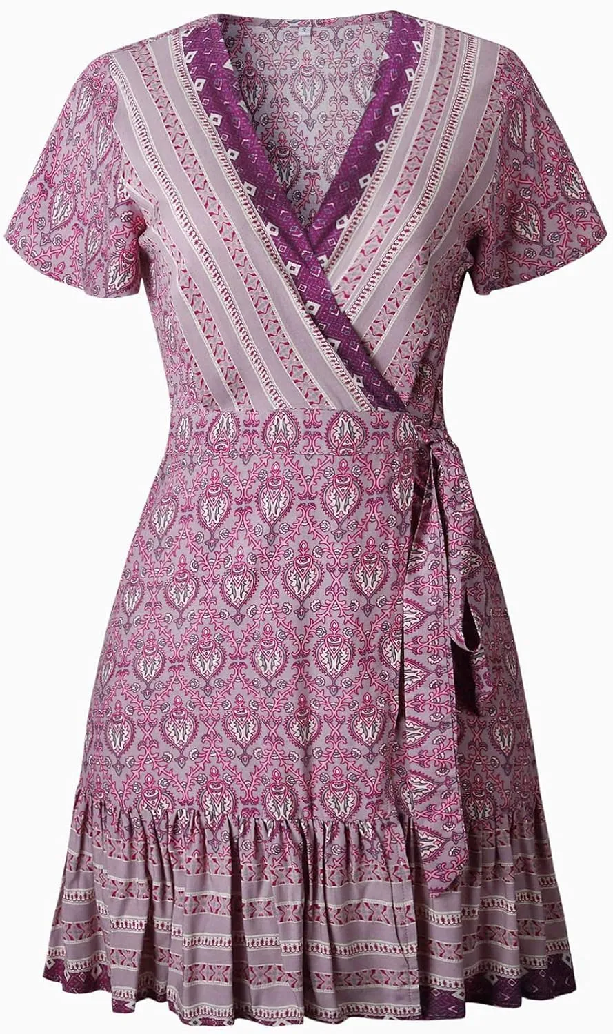 ZESICA Women's Summer Wrap V Neck Bohemian Floral Print Ruffle Swing A Line Beach Mini Dress