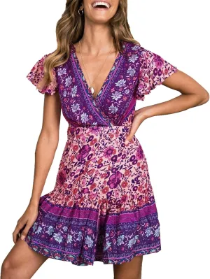 ZESICA Women's Summer Wrap V Neck Bohemian Floral Print Ruffle Swing A Line Beach Mini Dress