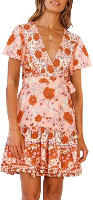 ZESICA Women's Summer Wrap V Neck Bohemian Floral Print Ruffle Swing A Line Beach Mini Dress