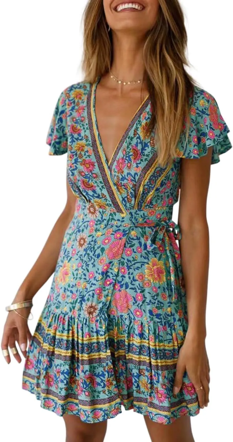 ZESICA Women's Summer Wrap V Neck Bohemian Floral Print Ruffle Swing A Line Beach Mini Dress