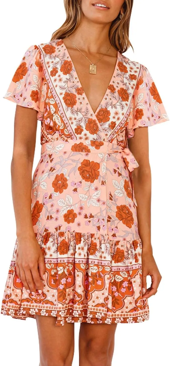 ZESICA Women's Summer Wrap V Neck Bohemian Floral Print Ruffle Swing A Line Beach Mini Dress