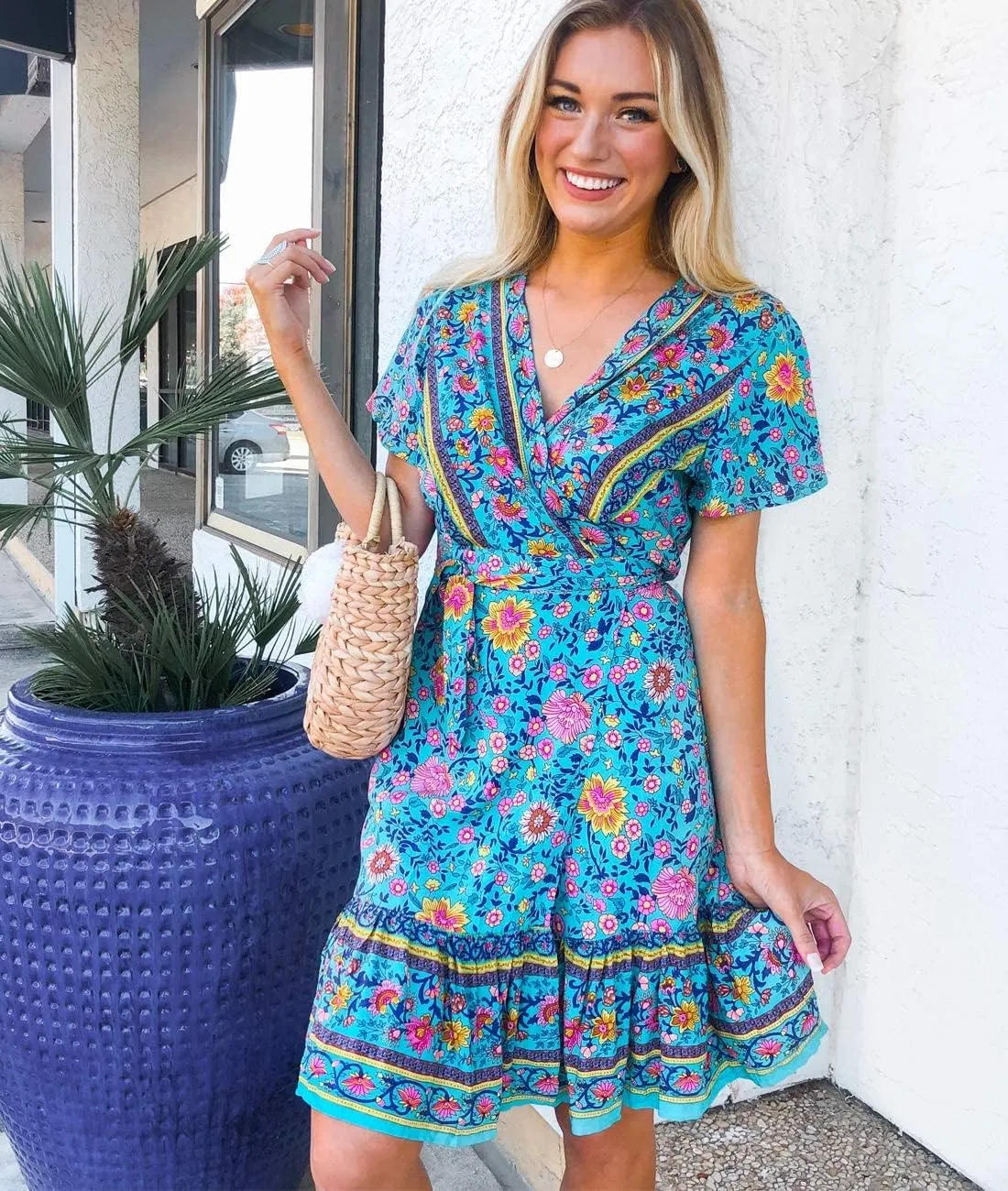 ZESICA Women's Summer Wrap V Neck Bohemian Floral Print Ruffle Swing A Line Beach Mini Dress