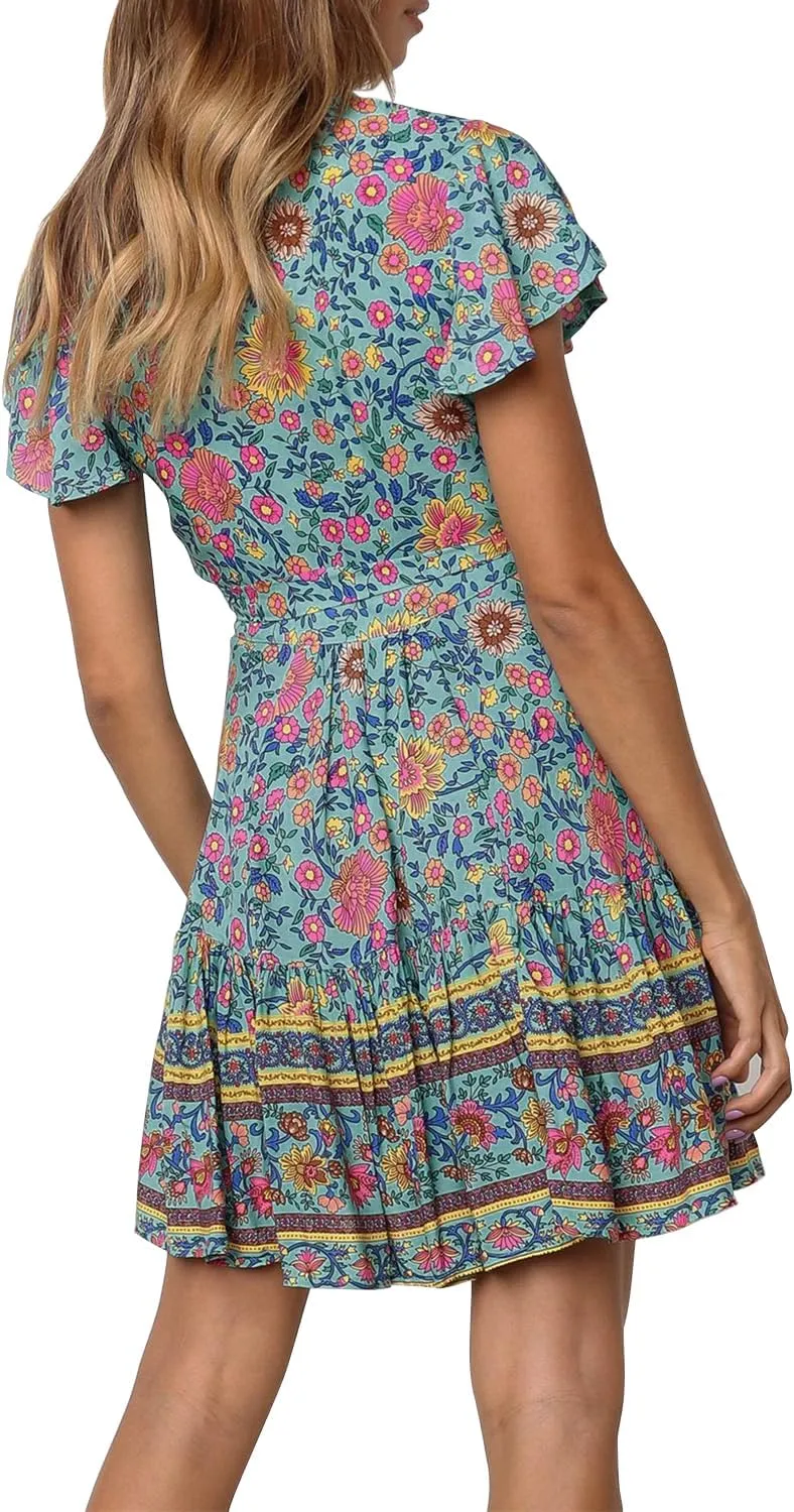 ZESICA Women's Summer Wrap V Neck Bohemian Floral Print Ruffle Swing A Line Beach Mini Dress