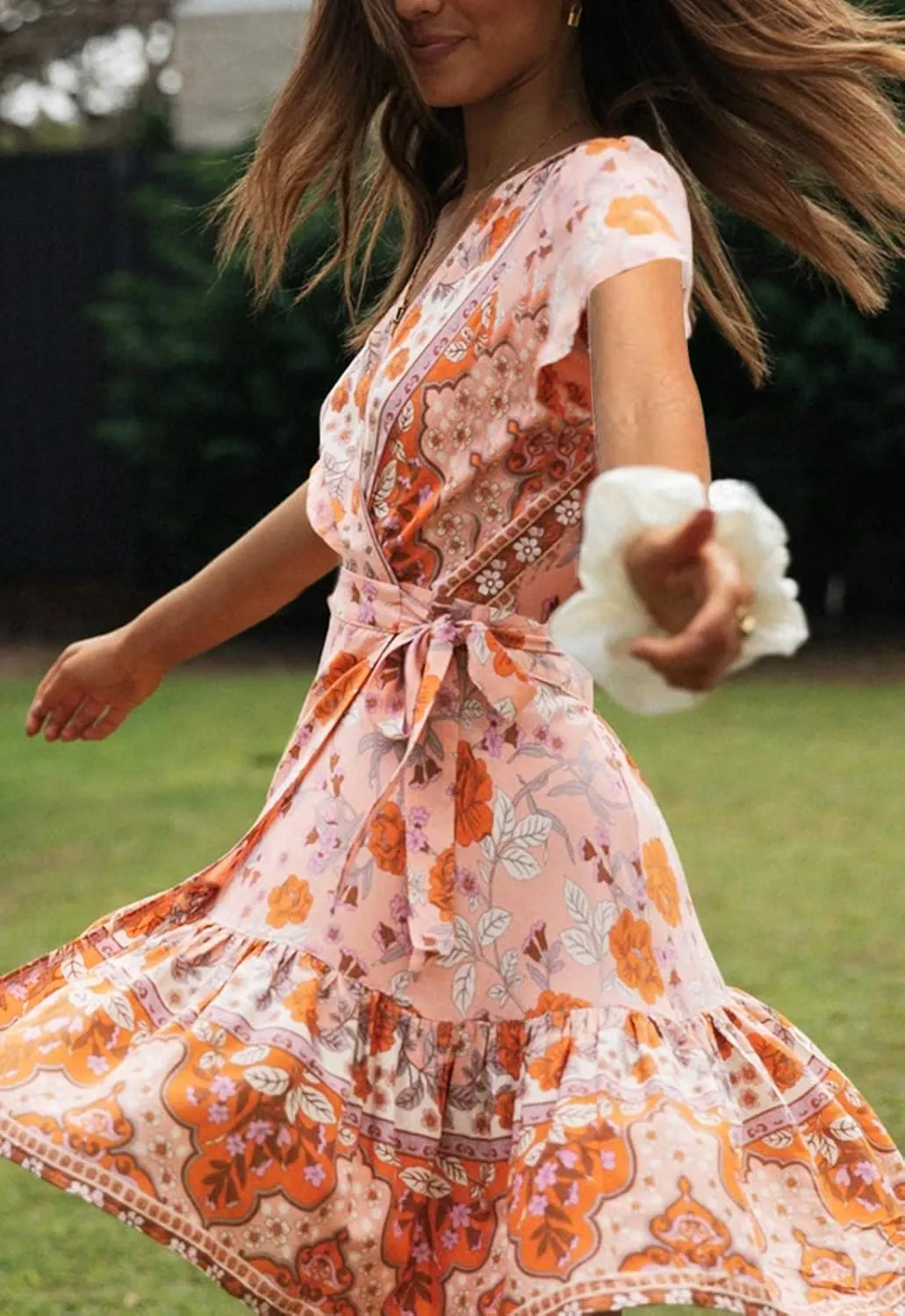 ZESICA Women's Summer Wrap V Neck Bohemian Floral Print Ruffle Swing A Line Beach Mini Dress