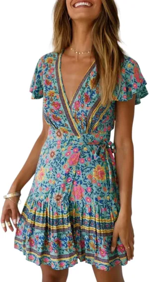 ZESICA Women's Summer Wrap V Neck Bohemian Floral Print Ruffle Swing A Line Beach Mini Dress
